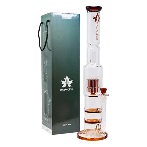 Amber Maple Glass Double Honey Comb Perc With Tree Perc And Splash Guard 20 Inches - Bongs